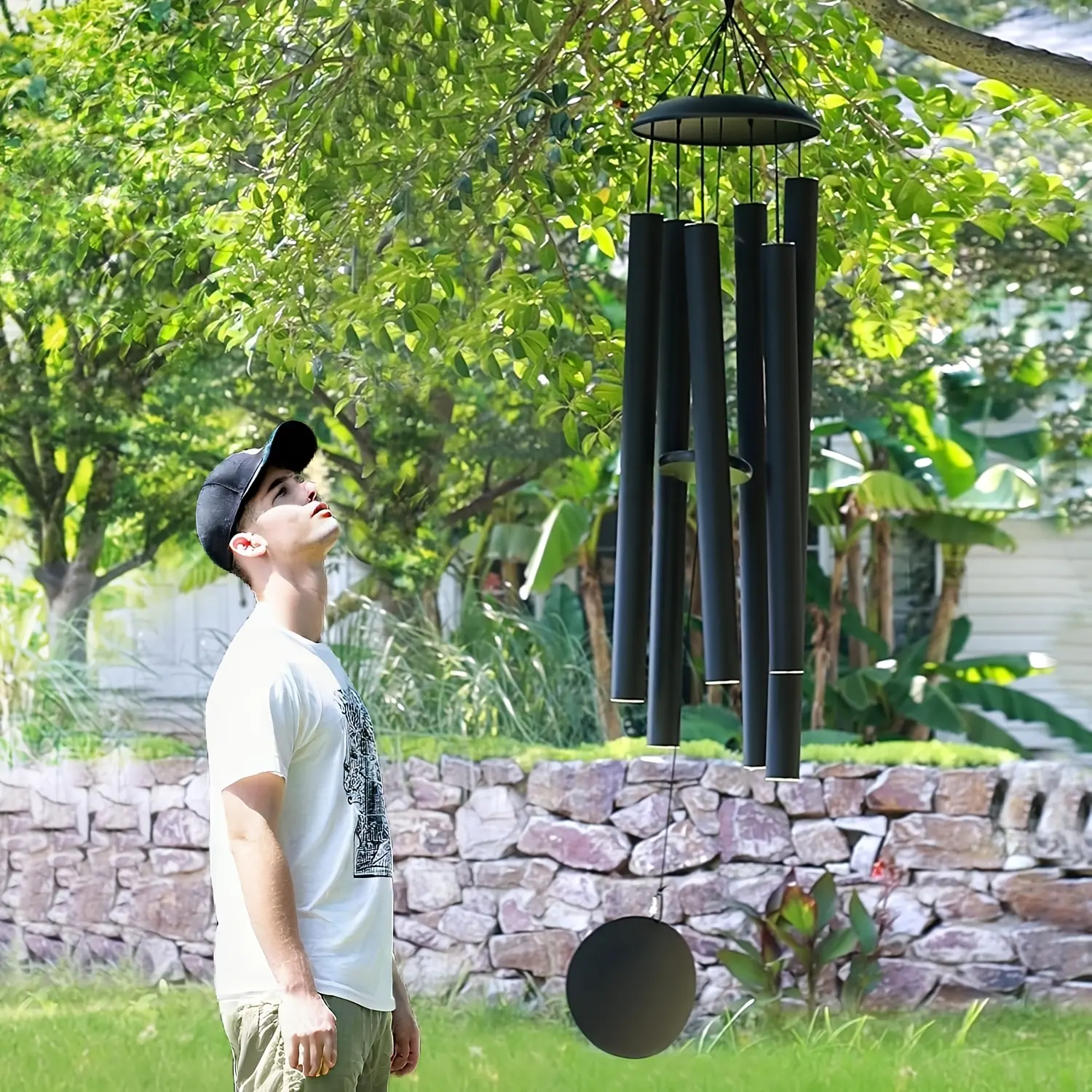 Oversized Black Metal Wind-Powered Chimes, Handcrafted with Thickened Tubes, Weatherproof, Deep Resonance for Calming Ambiance, Durable Outdoor Garden Decor Accessory with Durability Focus