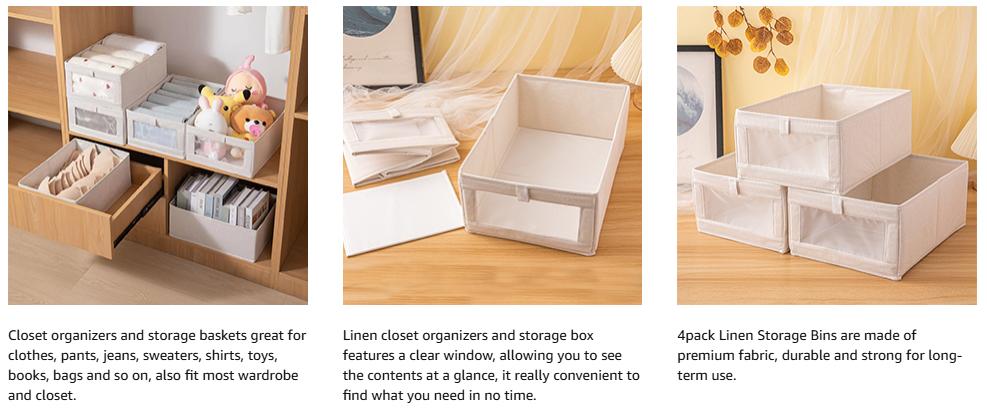 Linen Closet Organizers And Storage, 4 Pack Storage Bins Baskets for Organization Foldable Organizer with Clear Window Organizing Clothing, Jeans, Shelves