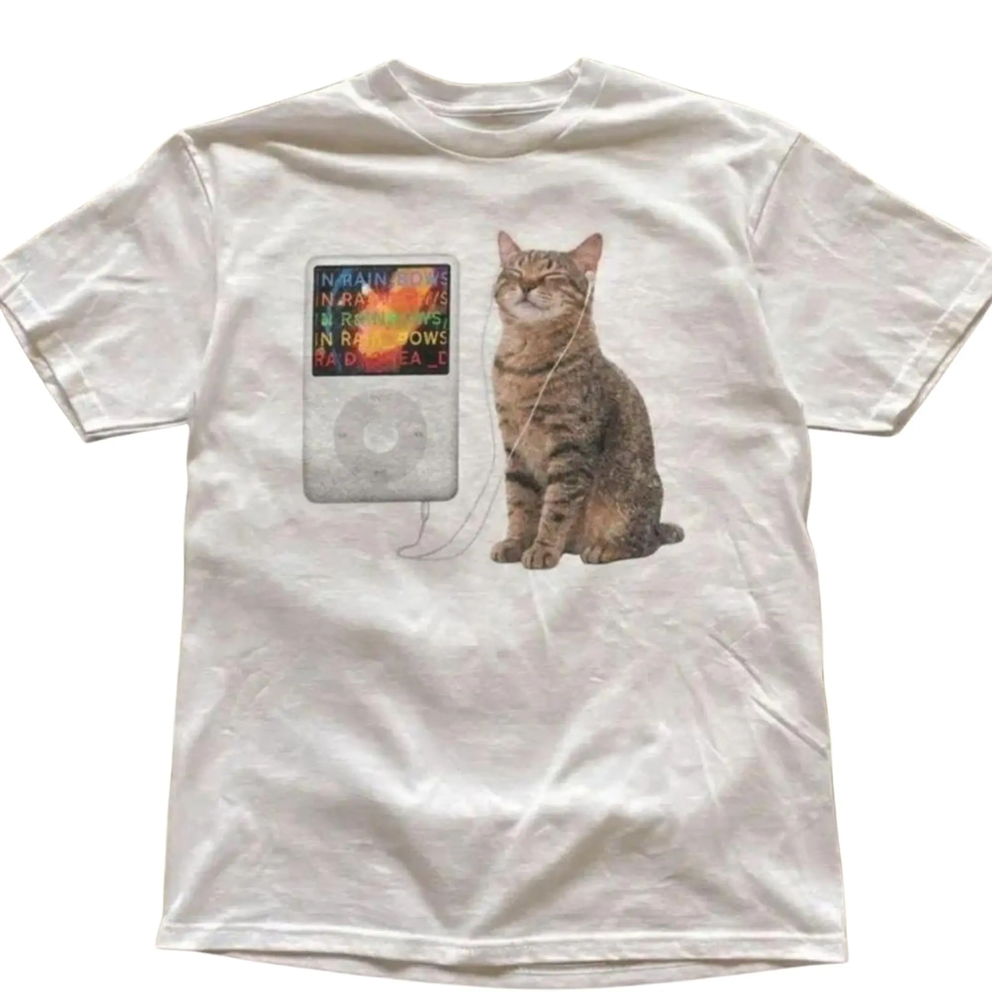 Funny Cat Listening To Music iPod In Rainbows Graphic T-Shirt, Cute Tabby Kitten Headphones Album Meme Photo Print, Unisex White Heavyweight Streetwear Tee, Music Lover Gift