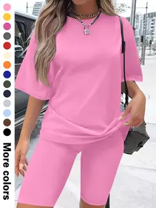 Women's Casual Outdoor Home Sport Solid Color Short Sleeve Sporty Round Neck Top + Shorts 2 Pieces Women Tracksuit Sweatsuit Set, Fashion Simple Style, Basic Wear for Daily Use Athletic Fashion Activewear Sportswear Set