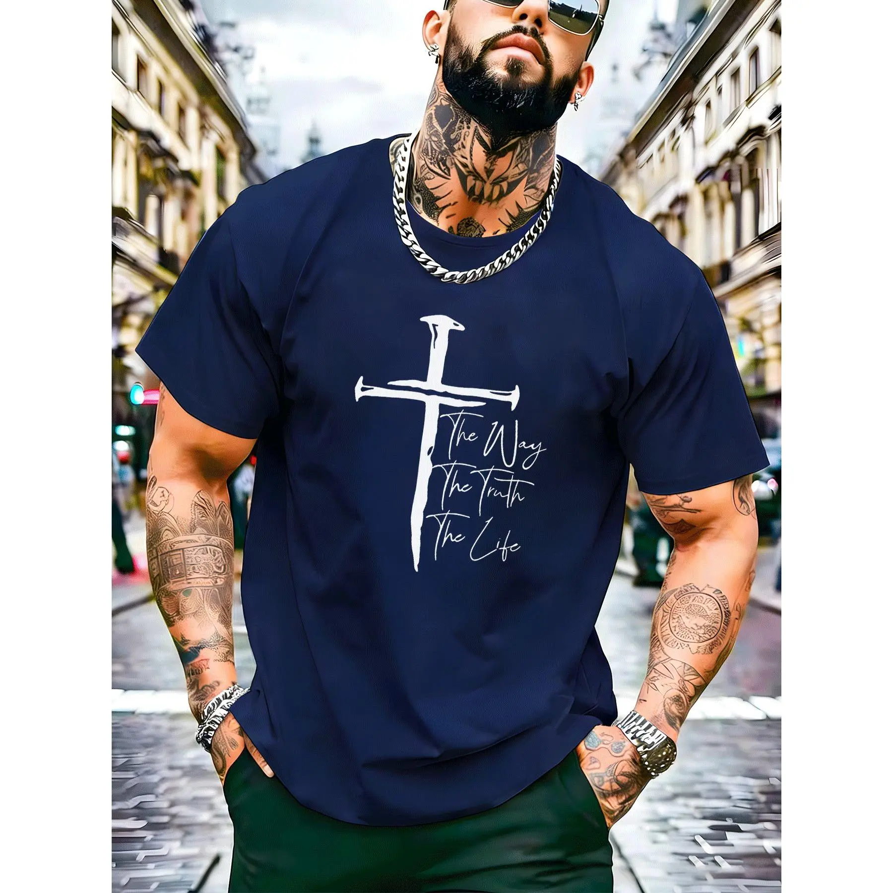 Men's Graphic Crew Neck T-Shirt, Christian Faith Cross Print Streetwear Top with Anti-Odour Fabric for Church & Workout