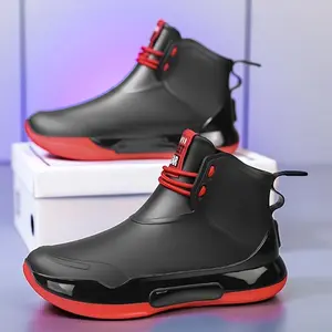 Unisex High-Quality Rain Boots - Four Seasons Non-Slip Shoes with EVA Cushioning Insole, Lightweight PVC Material - Low-Cut Design Suitable for Men and Women - Ideal for Commuting, Gardening, Construction, and Travel - Black with Red Accents - Easy-to-Cle