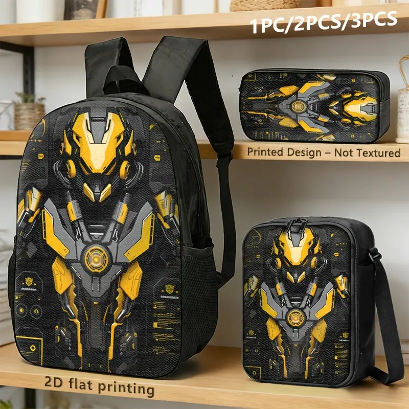 Printed Design-Not Textured 3pcs Robot-Themed Backpack, Shoulder Bag, And Pouch with 2D Print; Black-Yellow Tech Design for Urban Users, Ideal for Commuting, Travel, Or Gear Storage set kids