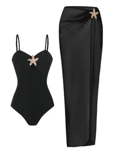 Women's Casual Solid Color One-Piece Swimsuit with Starfish Accessory, Sheer Long Dress Slimming Two Piece Set, Summer Vacation Style