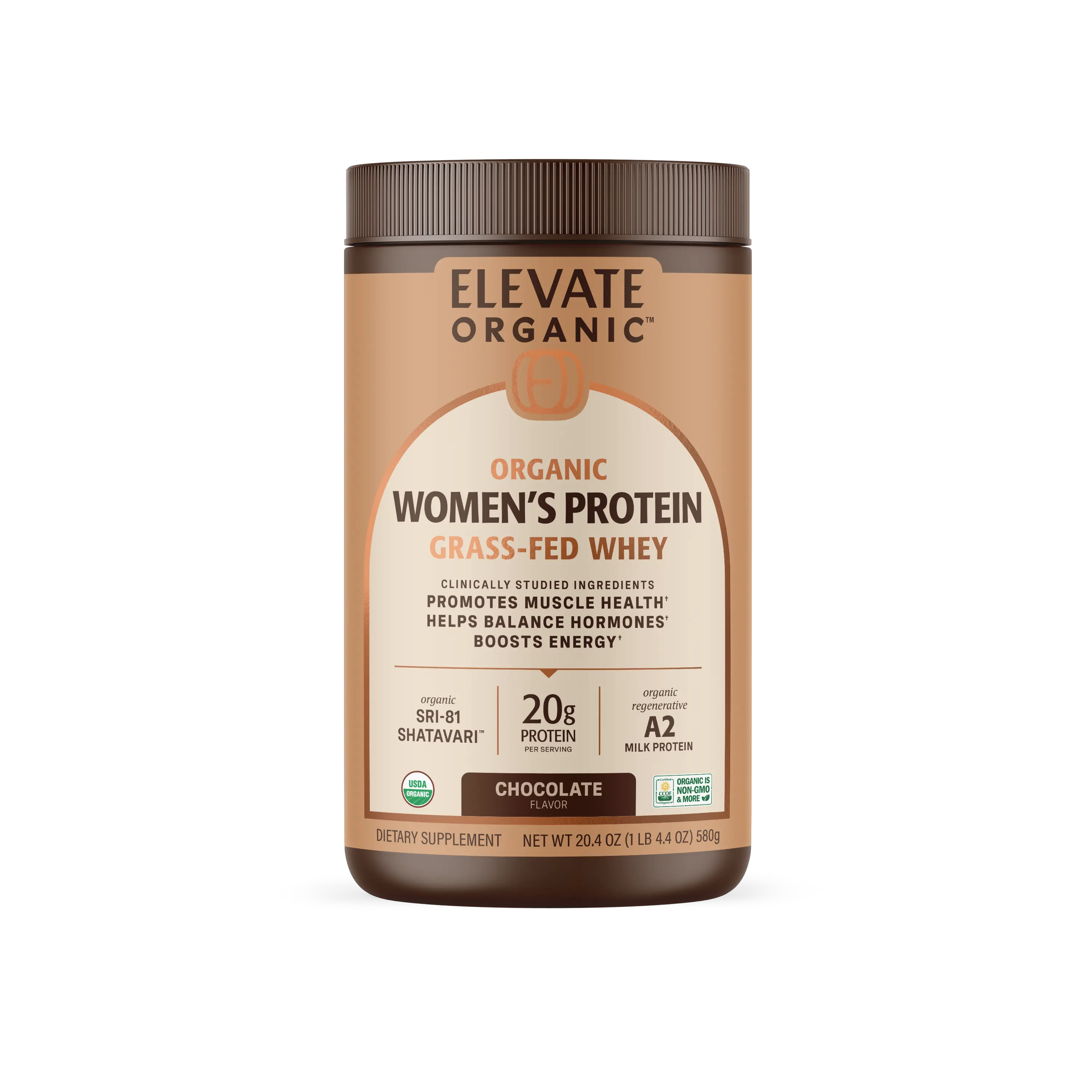 Elevate Organic Women's Grassfed Whey Protein Powder 20g Protein with Shatavari, KSM-66 Ashwagandha & Acti Veda Hormonal Balance, Lean Muscle & Gut Health Chocolate & Vanilla — 18 Servings