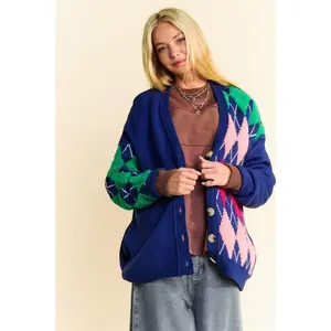 Davi & Dani Argyle V-Neck Dropped Shoulder Cardigan