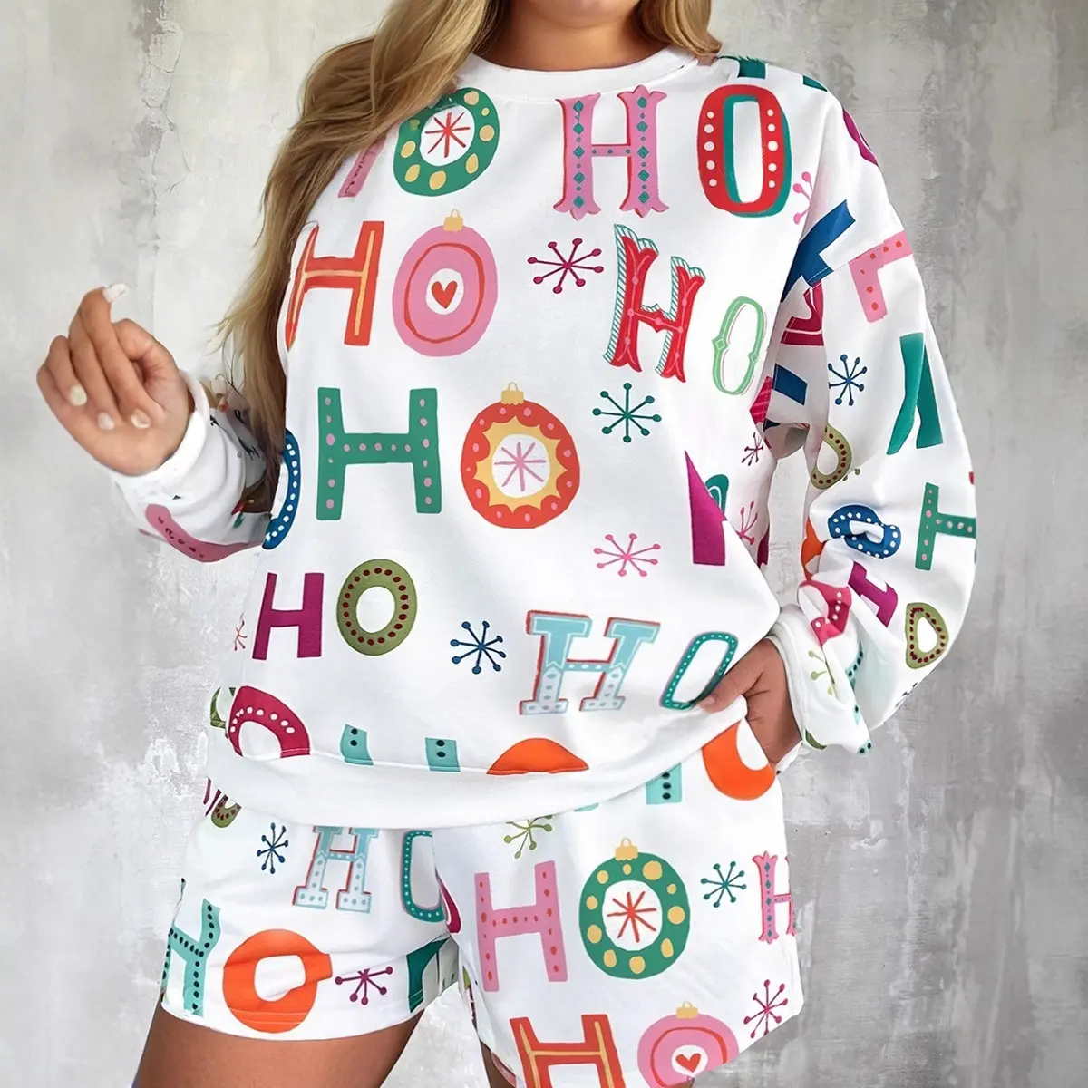 Women's 2 Piece Christmas Pajamas Set Ho Ho Ho Print Long Sleeve Pullover Top and Shorts Lounge Short Set Xmas Holiday Loungewear Outfit