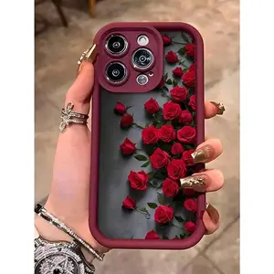1pc Red Rose Pattern Matte Silicone Shockproof Full Coverage Phone Case, Compatible With IPhone 17/17 Air/17 Pro/17 Pro Max/16/16E/15/14/13/12/11/Pro Max/X/XS/XR/XS Max/7/8/7 Plus/8 Plus