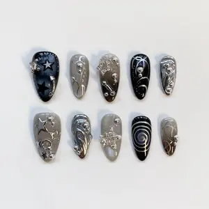 Y2K Nails/Star Nails/Silver Cat Eye Nails/Black Press on nails long almond nails