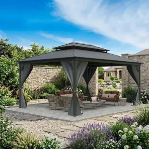 12′ × 16′ Hardtop Gazebo with Galvanized Steel Double Roof – Heavy Duty Outdoor Gazebo with Netting & Curtains for Patio, Backyard, Deck & Lawn