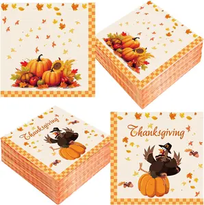 Fall Thanksgiving Paper Napkins, 50 PCS Disposable Autumn Pumpkin Maple Leaves Turkey Decorative Luncheon Dinner Cocktail Napkins for Autumn Harvest Fall Thanksgiving Party Supplies, 6.5 x 6.5 Inch