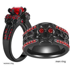 Ringcrown Couple Rings Matching Rings Punk Ring 1ct Red CZ Black Gold Plated Women Wedding Ring For Him And Her Ring Sets Men Wedding Band Skull Ring
