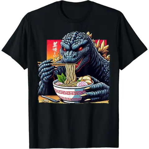 Boys' 100% Cotton Casual Soft Shirt - Crew Neck Short-Sleeve Graphic Tees, Monster-Inspired Boys' T-Shirts, Funny Kaiju Eating Ramen Japanese Print, Daily & Casual Kaiju Lover Top