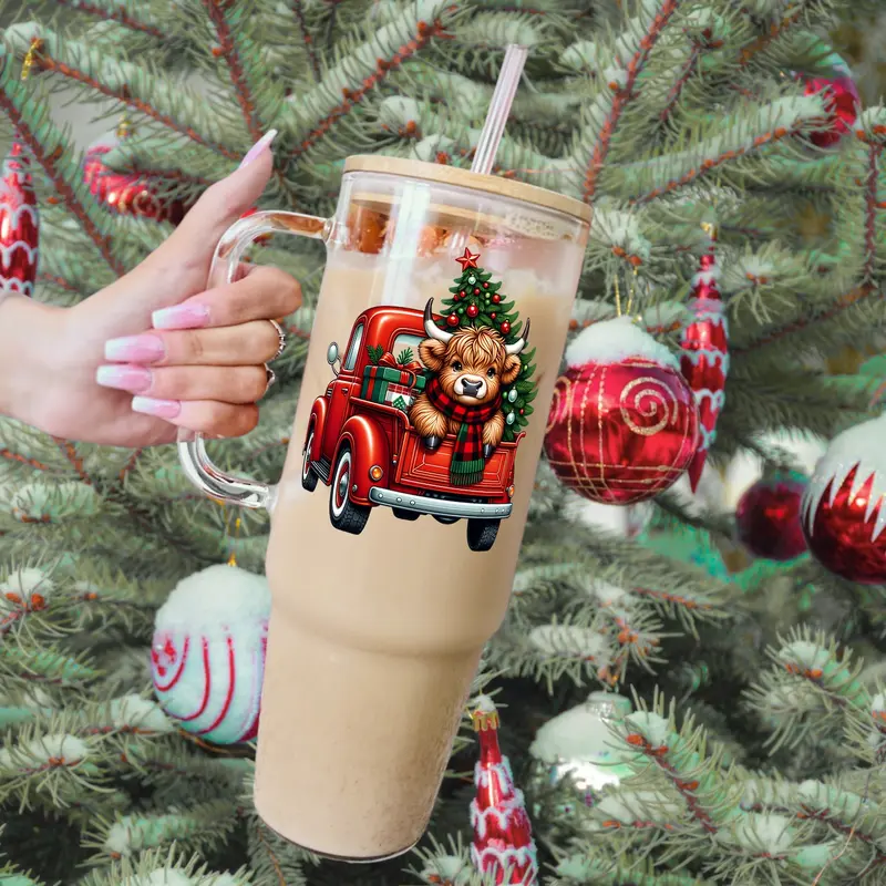Christmas Red Truck Highland Cow 40oz Glass Tumbler with Bamboo Lid & Straw