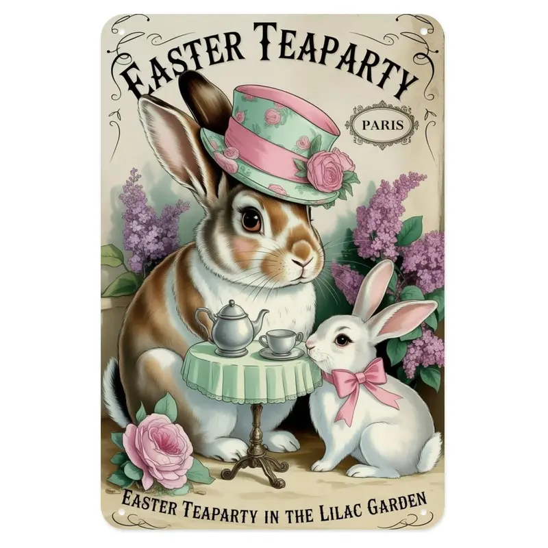 Easter Bunny Tea Party Tin Sign, Vintage Parisian Easter Rabbits Metal Sign Print Aesthetic Room Decoration for Home Bedroom Kitchen Bar Coffee Bathroom Indoor Outdoor Wall Decor, 8 X 12 in