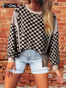 Hotapei Winter Casual Polyester Plaid Hem Split Vacation Style Round Neck Long Sleeve Pullover Lightweight Knit Sweater, Women's Fashion Top