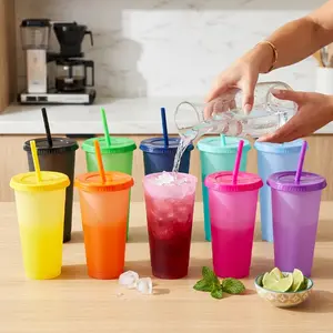 Color Changing Cups, 10 Pack 24oz Plastic Tumblers 710ml, Reusable Iced Coffee & Smoothie Cups with Lids and Straws for Parties and Travel