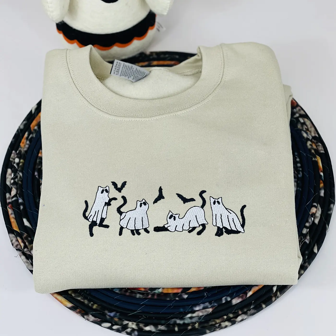 Embroidered Ghost Sweatshirt, Halloween Sweatshirt, Ghost with Black Cat Sweatshirt