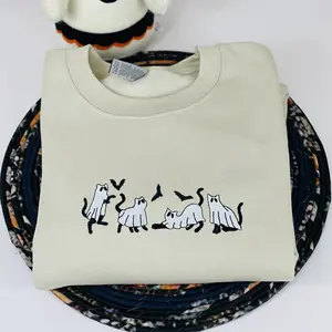 Embroidered Ghost Sweatshirt, Halloween Sweatshirt, Ghost with Black Cat Sweatshirt