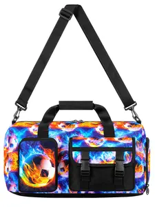 1PC Fire Soccer Print Duffle Bag, Colorful Flame Soccer Design Travel Bag with Adjustable Shoulder Strap, Durable Weekender Bag for Soccer Practice & Travel