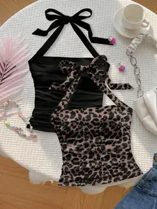 2PCS Women's Y2K Sweet Spicy Leopard & Black Bow Halter Tops, Backless Ruched Sleeveless Crop Tops, 2026 Summer Party Club Streetwear Matching Outfits for Trendy Teen Girls, Casual Daily Wear, Perfect for Date Night Beach Vacation Club Party Daily Street
