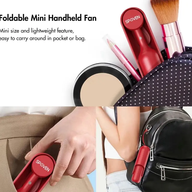 SPOVEN Mini Portable Handheld Fan - Pink, 30dB Quiet, 3 Speeds, Foldable, Lightweight, USB Rechargeable, Perfect for Summer, Makeup, and On-the-Go Cooling