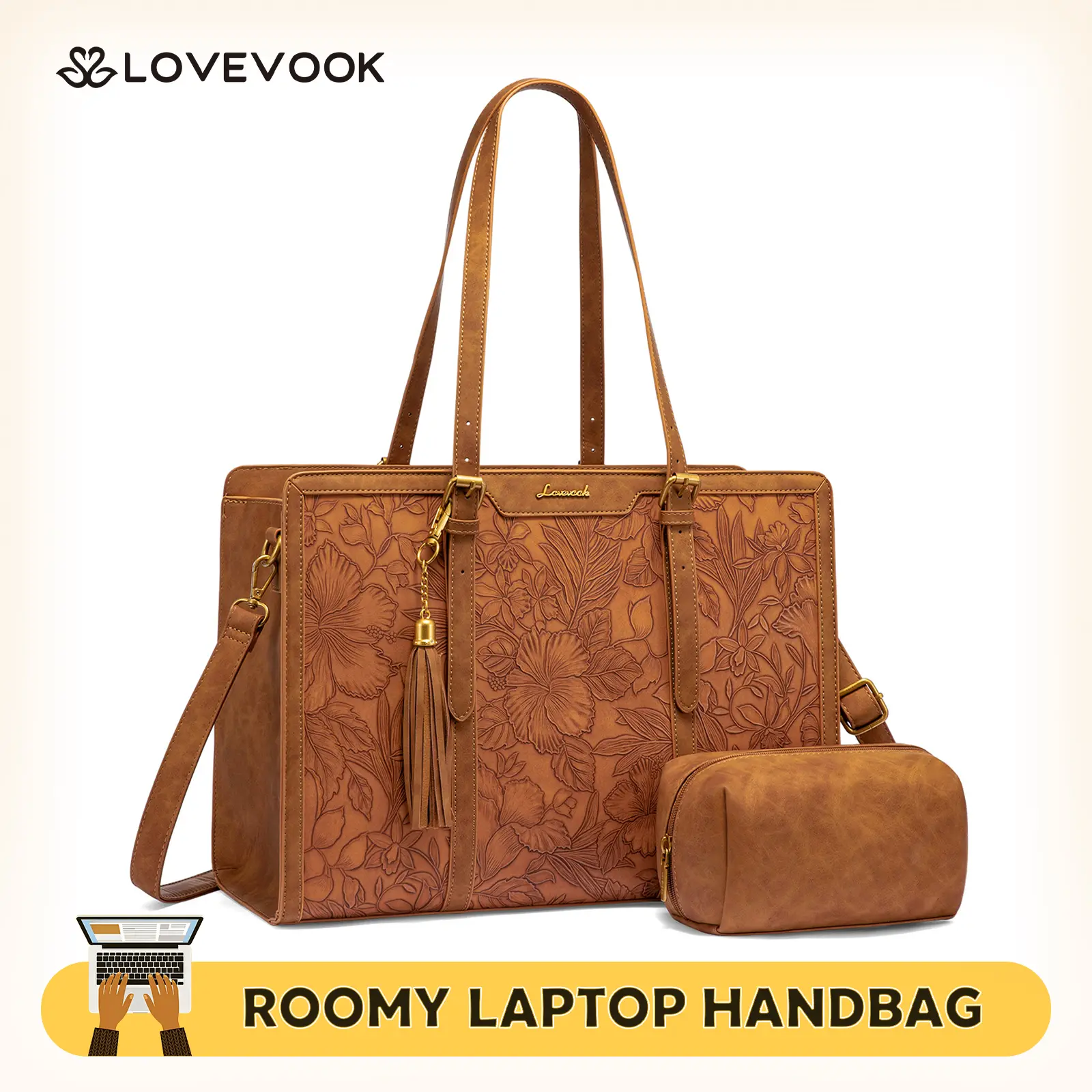 LOVEVOOK Canvas Laptop Tote Bag 15.6 & 17.3 inches for Women with Clutch Purse, Lightweight Tote Bag with 2 Cup Holder, Purses for Women, Computer bag for Work, Office, Casual.  TikTokShopBackToSchool