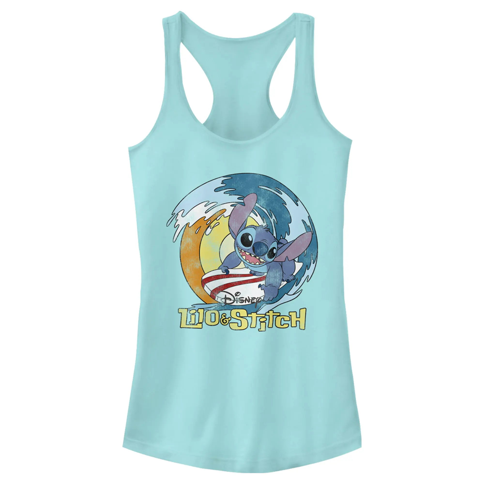 Juniors Womens Lilo & Stitch Distressed Surf's Up Racerback Tank Top