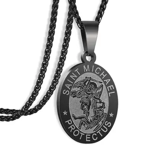 Oval Saint Christopher/Michael/Joseph/Virgin Mary/Florian/Jude Pendant Medal Necklace, Catholic Stainless Steel Wheat Chain 24 Inches