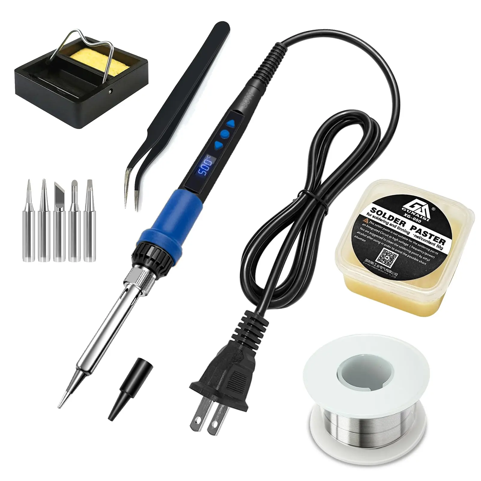 Soldering Iron Kit 80w Led Display Adjustable Temperature With Automatic Sleep Mode  Includes 5 Tips Solder Wire Stand Flux - Professional Blue Welding Tool For Repair And Diy