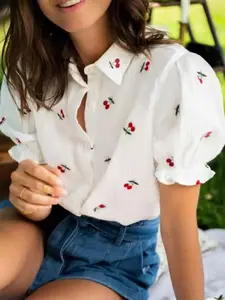 Women's Cherry Print Collared Button Front Shirt Blouse, Casual Short Sleeve Top for Summer, Ladies Clothes for Daily Wear, Fitted Cute Button Down Womenswear