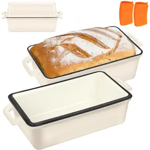 2-in-1 enameled cast iron bread pan with lid, 9×5 loaf pans for homemade sourdough bread, cakes, and meatloaves, evenly heating bread Dutch oven, cream white