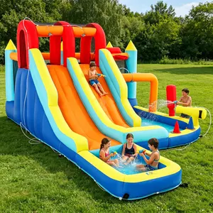Inflatable Water Slide Park Giant Bounce House with 450W Blower Climbing Wall Dual Basketball Hoops Ring Toss Games Outdoor Backyard Jumper for Kids Ages 3+