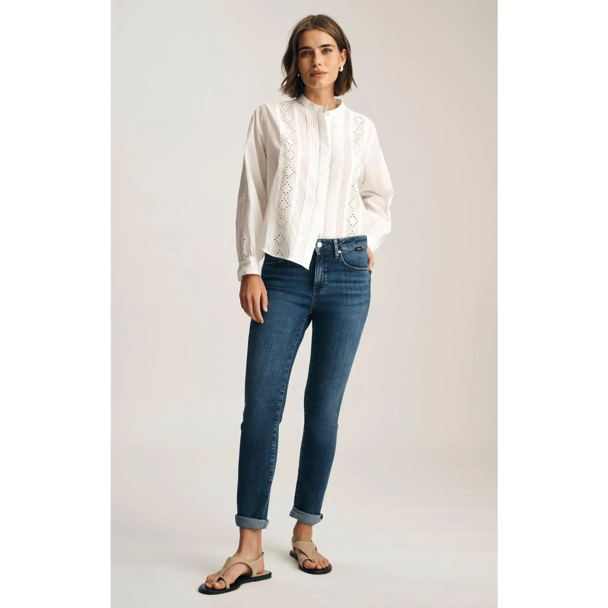 Kathleen Women's Slim Boyfriend Jeans - Mid-Rise Tapered Leg, Cuffed Hem, Dark Brushed Cotton Polyester Denim Fabric - Comfortable Women's Bottoms
