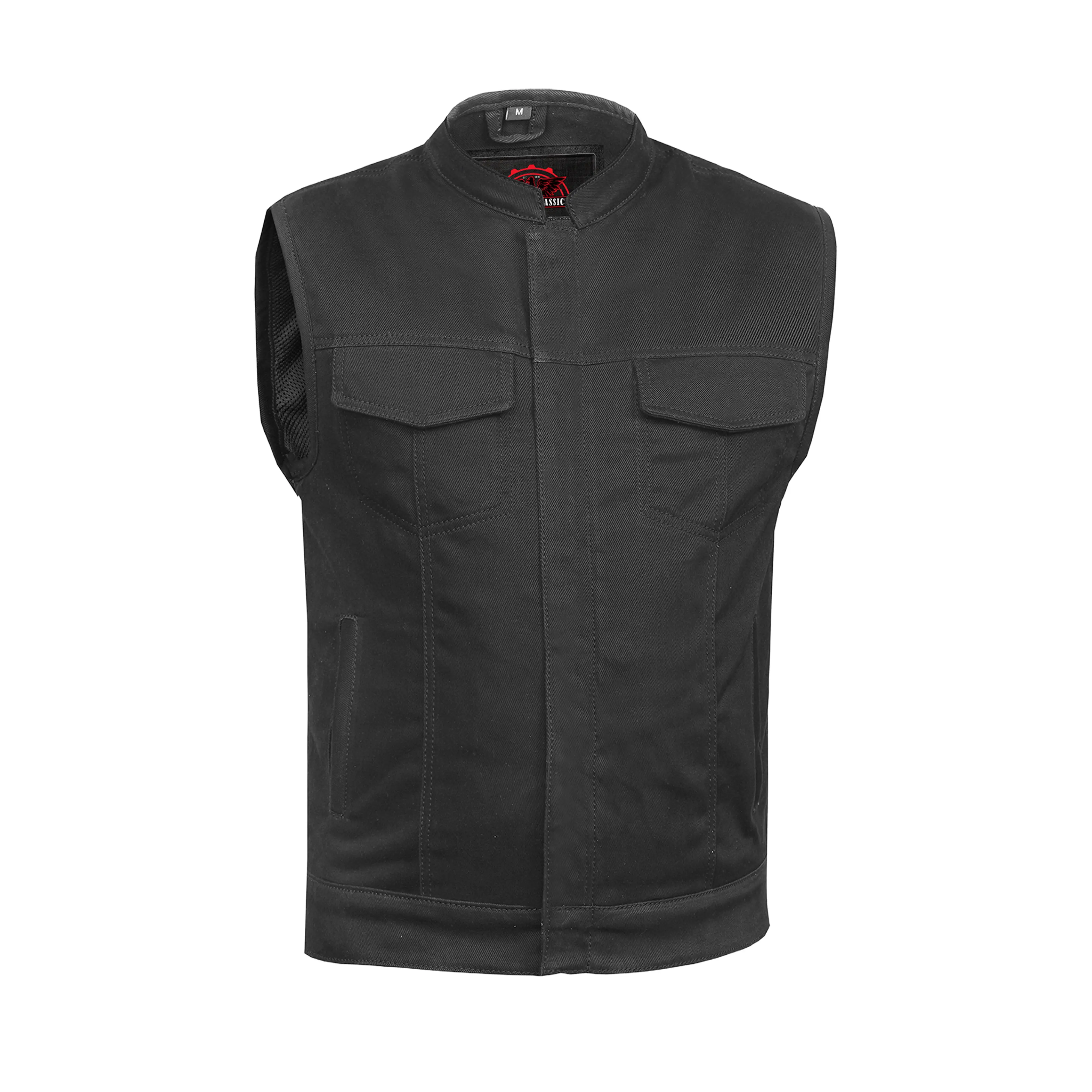 RENEGADE CLASSICS™ Men's Black Sleeveless Denim Motorcycle Vest - Zip Front Tactical Patch Waistcoat & Gilet with Pockets, Long Design, Embroidery Details, Denim Vest Waistcoats & Gilets, Biker, Patch Pocket, Woven, Zipper
