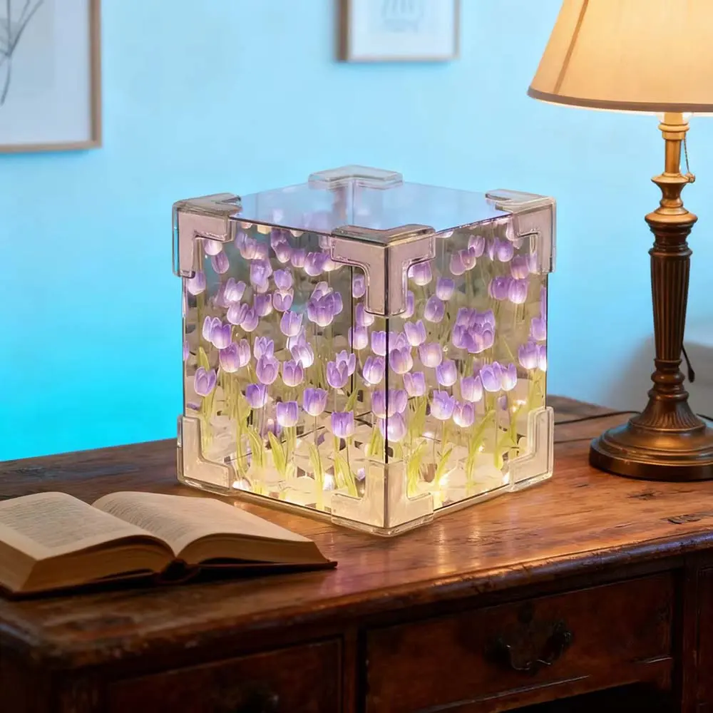 DIY Tulips Cube Mirror Lamp - Elegant Chic Custom Decorative Lighting for Women, Indoor Home Desktop or Table Light, Handmade Mood Light, Living Room Bedroom Nightstand Gift