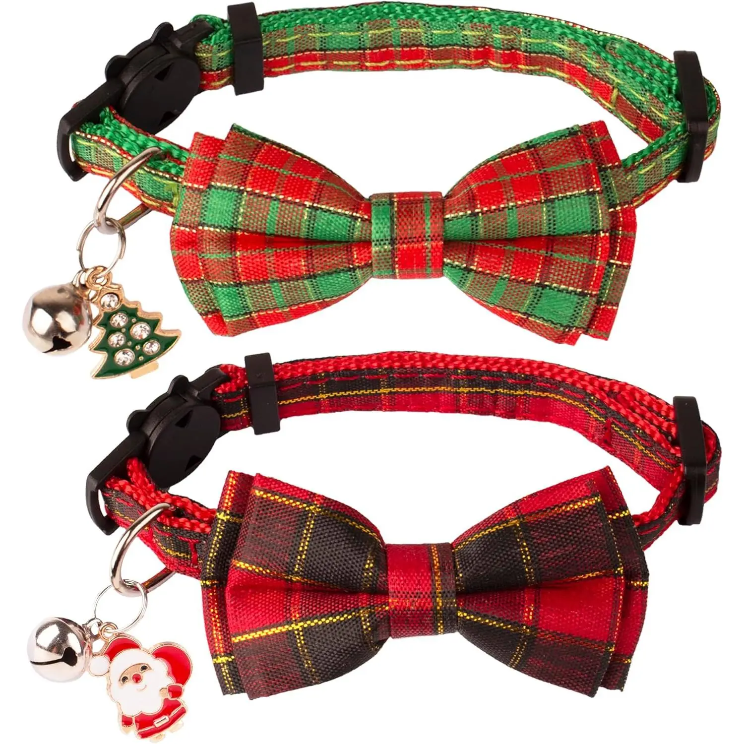 Christmas Cat Collars with Bow Bell, Breakaway Red Green Plaid Christmas Bowtie Collars for Girl Boy Cats Kittens