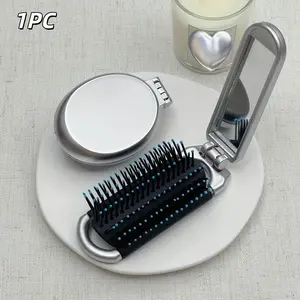 1PC Mini Portable Foldable Hair Brush With Makeup Mirror for Women, Dual-Use, On-the-Go Styling, Travel Essentials, Folding Air Cushion Comb for All Hair Types, Massage Feature, Silvery, Ideal Birthday/Halloween/Christmas Gift, Party Favors