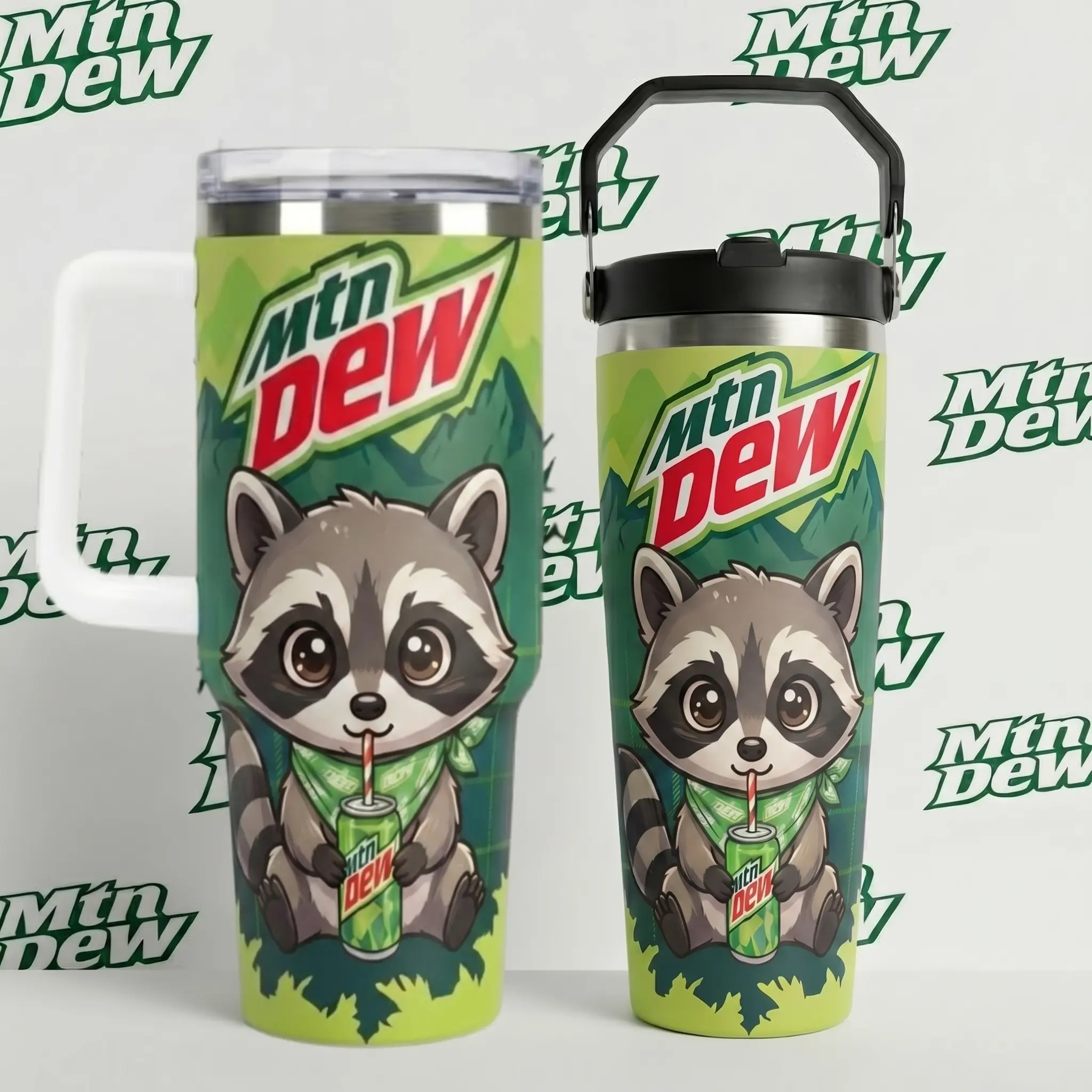 Mtn Dew Raccoon Tumbler 40oz-30oz – Cute Baby Raccoon Travel Mug with Handle & Straw, Mountain Landscape Design, Adorable Soda Lover Aesthetic Insulated Cup