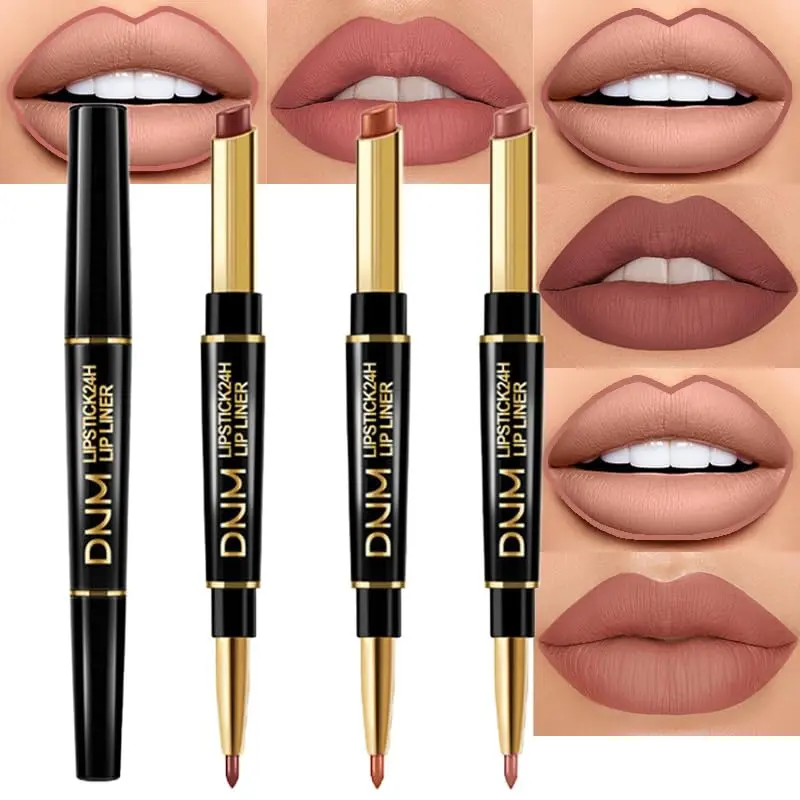 3Pcs Chestnut Nude Brown Lip Liner and Lipstick Set Kit for Women Matte Lips Kit Lip Stains Long Lasting Waterproof 24 Hour Lipstick and Pencil Set