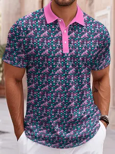 Men's golf shirt short-sleeved moisture-wicking and sweat-absorbing color-matching and fun design printed pattern casual collar Polo shirt. Comfortable and breathable, suitable for summer wear.