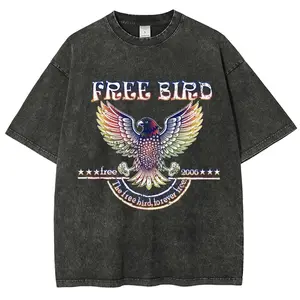 Free Bird Vintage Washed T-Shirt, Retro Pattern Design, Free Theme Pattern, Trendy Street Style, Plus Size Loose Fit