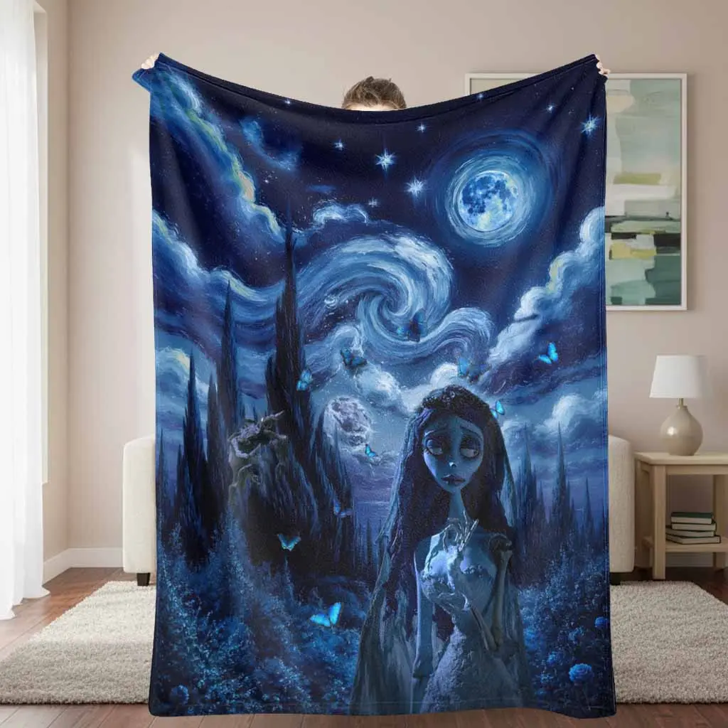 Gothic Night Bride Flannel Throw Blanket - Blue Moon, Butterfly Print, Wrinkle-Resistant, Breathable, Durable, Soft, Cozy, Warm, Lightweight Decorative Blanket for Bedroom, Living Room Sofa, Halloween Gift (Machine Washable)