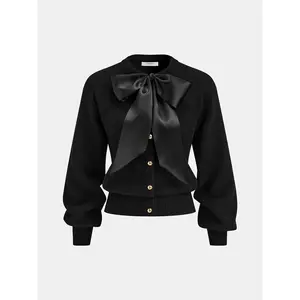 Bow Detail Metal Button Knit Cardigan