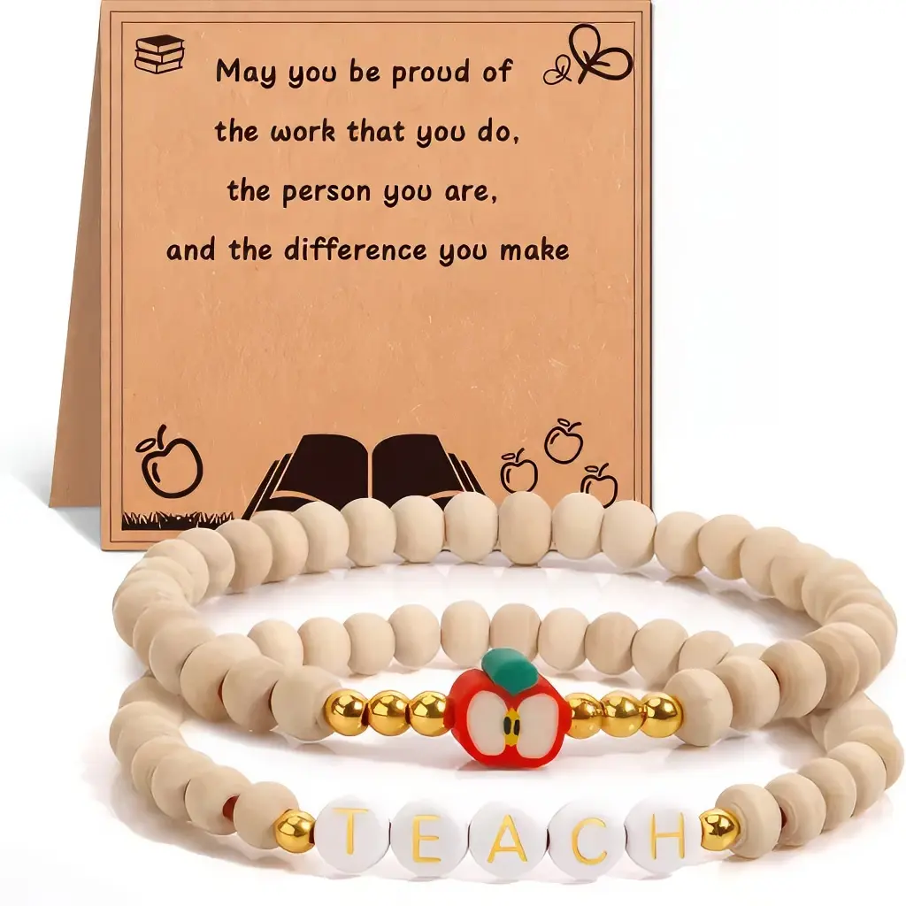 Back to School Teacher Gifts, Teacher Appreciation Bracelet with Wooden Beads and Apple Charm, Thank You Teacher Gift with Inspirational Card, Handmade Friendship Bracelet for Teachers, Classroom Welcome Gift