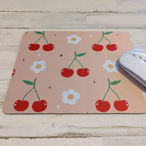 Cherry and Daisy Mouse Pad - Floral Pattern on Peach Background, Red Cherries and White Daisies desk mat mouse pad desk mat non-slip mousepad desk accessory