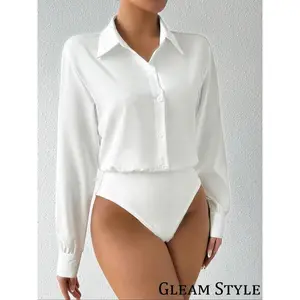 Women's Solid Color Button Bodysuit, Casual Comfy Long Sleeve Bodysuit for Work Office Business, Ladies Clothes for Spring