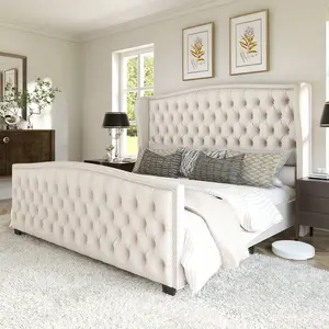 Queen/King Size Platform Bed Frame With Wingback Headboard, Velvet Upholstered Bed Frame With Handmade Button Tufted & Nailhead, Wooden Slats Support, Black