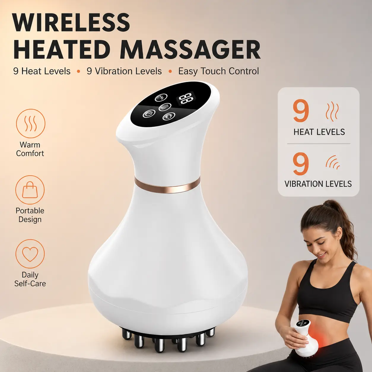 Cordless Red Light Body Massager with Heat & Vibration, 9-Level Handheld Electric Meridian Brush, USB Rechargeable Portable Massage Tool for Waist Arms Legs Shoulders, Home Self Daily Care Gift