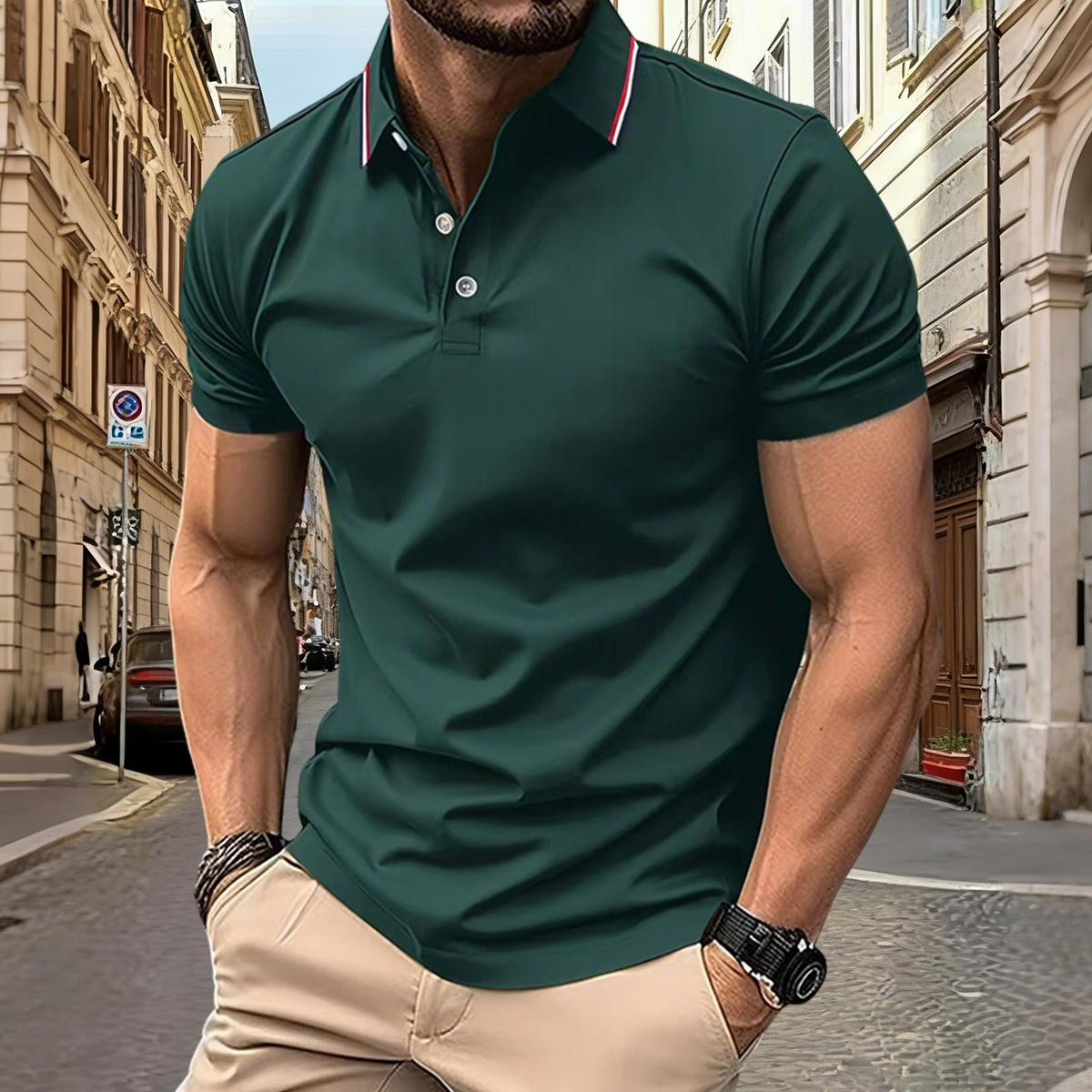 Men’s 4-piece short-sleeve polo shirt set—quick-drying golf/tennis apparel featuring a comfortable color-block design with collar and sleeve accents, suitable for casual sportswear.